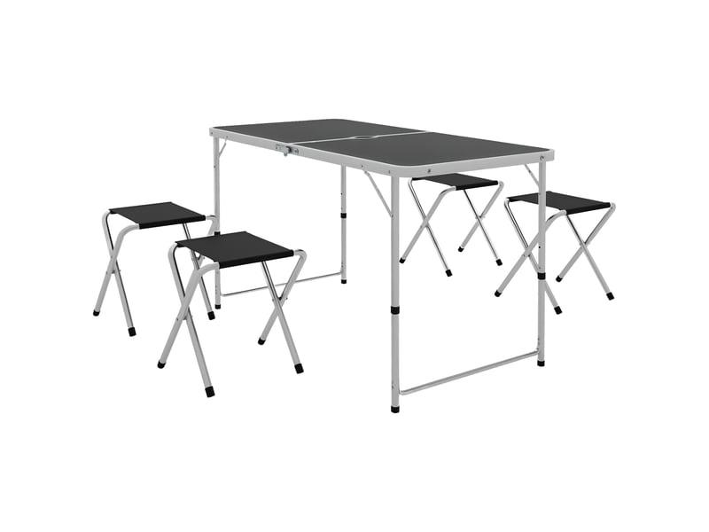  Table camping pliante valise, 4 tabourets pliants, table 120x60x55-70 cm, tabourets 33x28x37 cm, noir.  - Conforama A