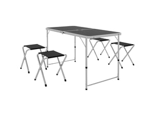 Table camping pliante valise, 4 tabourets pliants, table 120x60x55-70 cm, tabourets 33x28x37 cm, noir.