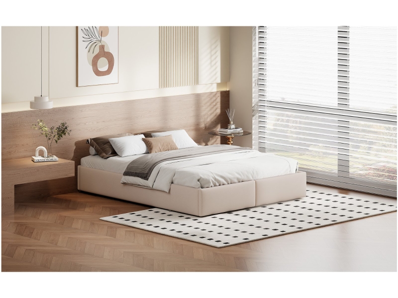  Lit coffre avec tiroirs - 140x200cm - avec rangement hydraulique et sommier à lattes - beige  - Conforama D