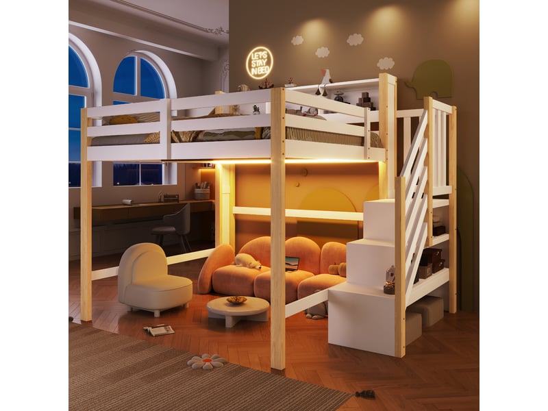  Lit superposé 140x200 cm, lit enfant, rangement, échelle sécurisée, led, bois de pin blanc et naturel  - Conforama A