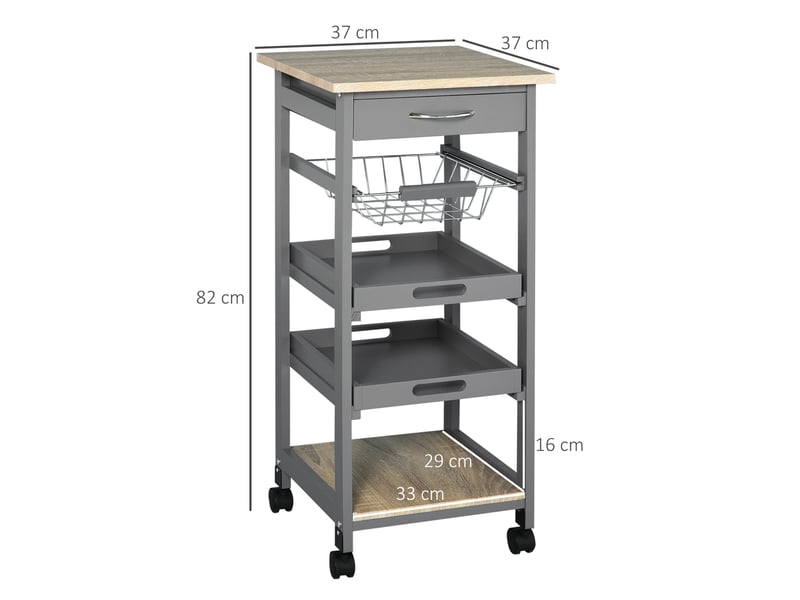  Chariot de service desserte de cuisine à roulettes panier + 2 plateaux amovibles, étagère en bois chêne clair, tiroir  - Conforama C
