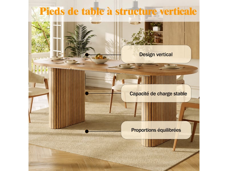 Table à manger ovale extensible 120-160x80x75,5 cm, pieds à relief vertical, mdf et métal, 4 à 6 personnes - marron - Conforama D