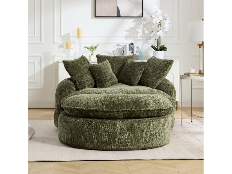 Fauteuil convertible rond modenvie surdimensionné en polyester, 190,5 x 138 x 63 cm, avec accoudoirs doubles, coussins assortis et fonction réglable, vert olive - Conforama D