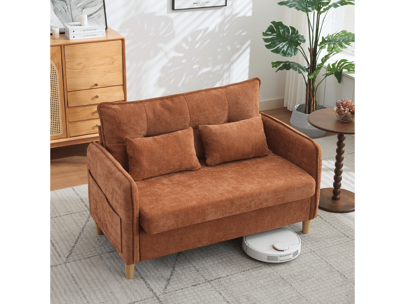 Canapé 2 places 127x75,5x83 cm en bois marron, accoudoirs, coussins moelleux, poches latérales, tissu chenille - Conforama B