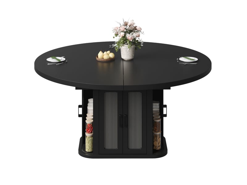 Table de salle à manger extensible 118 à 158 x 118 cm noire en mdf, rangement central pour 2 à 6 personnes - Conforama A