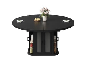 Table de salle à manger extensible 118 à 158 x 118 cm noire en mdf, rangement central pour 2 à 6 personnes