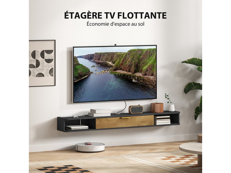  Meuble tv suspendu avec compartiments ouverts, porte rabattable et passe-câbles, gris, 160 x 24 x 16 cm  - Conforama A