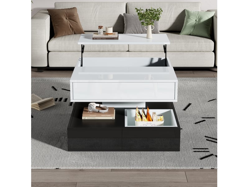  Table basse 70x70x40-55 cm relevable avec plateau rotatif 360°, 3 tiroirs, salon, panneau de particules, blanc et noir  - Conforama B