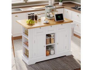 Îlot de cuisine mobile 132 cm blanc et naturel, style campagne, plateau extensible et rangements