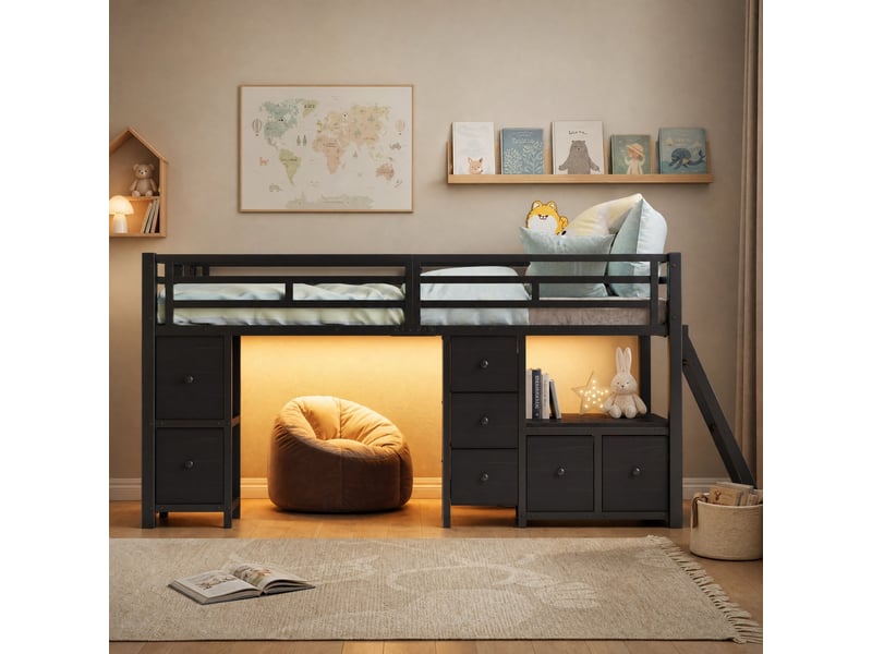  Lit mezzanine enfant simple 90×200 cm, 7 tiroirs et led réglable  - sans matelas, mdf et métal noir  - Conforama C
