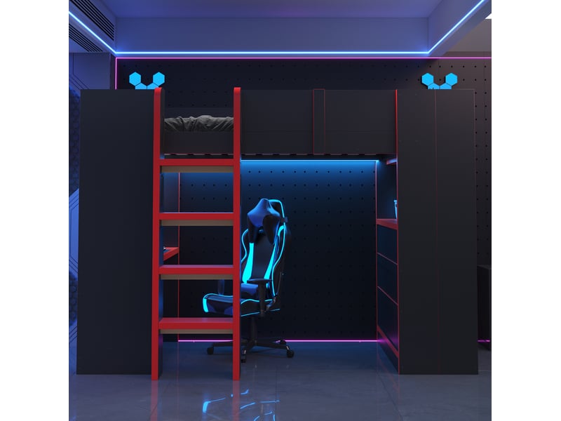  Lit mezzanine 90x200 cm noir et rouge avec bureau, rangements et led  - Conforama D