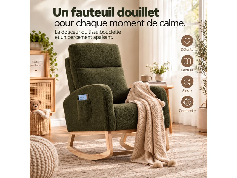  Fauteuil à bascule pour chambre de bébé, tissu teddy, mousse haute densité, cadre bois stable, poche latérale,75*63*104cm,vert  - Conforama E