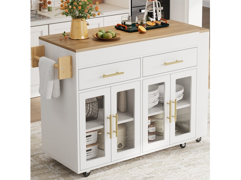 Îlot de cuisine mobile extensible 132,5-217x50x93 cm blanc avec rangement - Conforama E