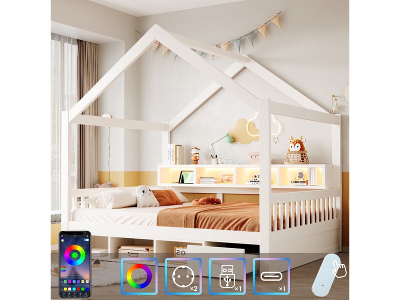 Lit 140x200 cm avec cadre en toit, rangements, éclairage et prises, pour chambre, en bois et mdf, blanc, sans matelas - Conforama E