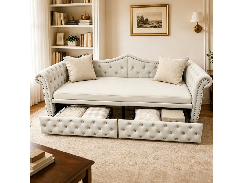 Lit banquette rembourré - 90x200 cm - convertible - lit gigogne - 2 tiroirs - port usb - prise de charge - velours - beige CozyNest - Conforama B