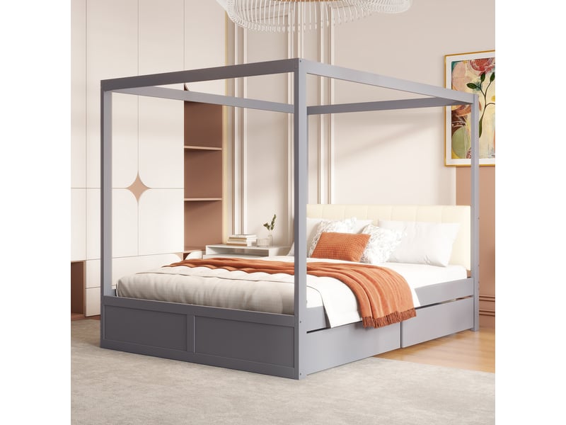  Lit à baldaquin 140*200 cm, deux tiroirs spacieux, tête de lit moelleuse, finition bois, coloris gris  - Conforama E