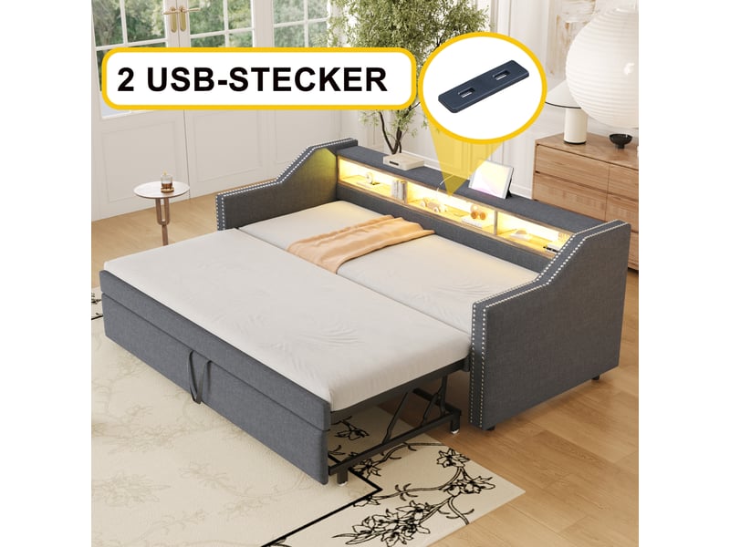  Lit banquette rembourré 90180 x 190 cm avec led, port usb et coffre, lattes incluses, finition gris foncé pour chambre  - Conforama E