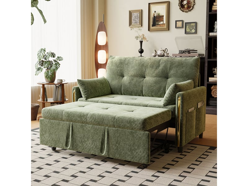  Canapé droit convertible 2 places en chenille vert, dossier réglable, 125 cm IKSETERA TRADING LTD - Conforama B