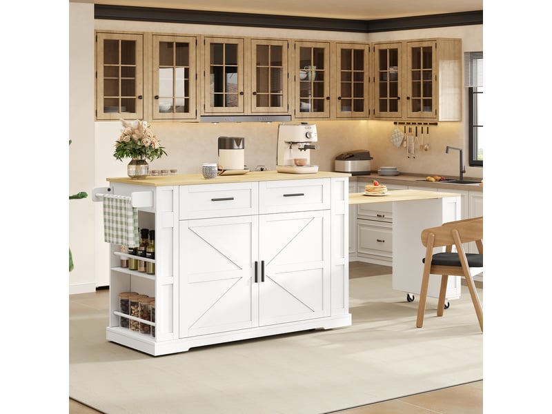 Îlot de cuisine mobile bois naturel et blanc en mdf, table extensible, 2 tiroirs, meuble à double porte, 120 × 50 × 93 cm - Conforama D
