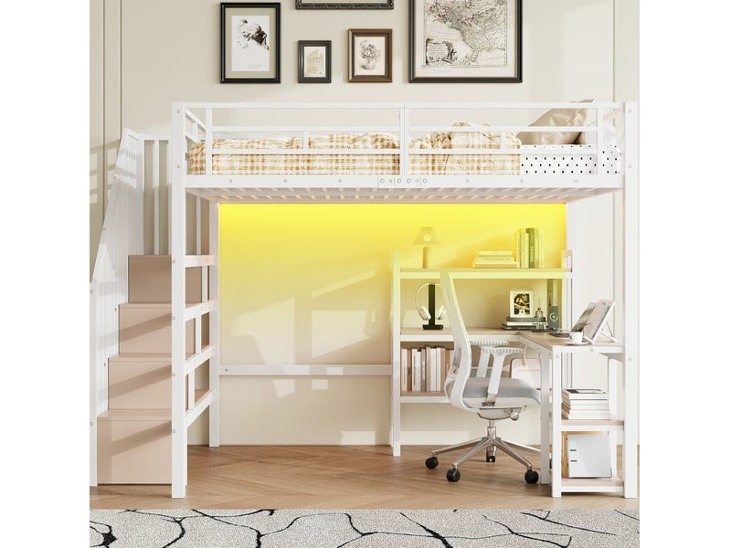  Lit mezzanine 140 × 200 en métal avec bureau, étagères, leds et usb, blanc  - Conforama B