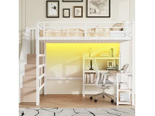 Lit mezzanine 140 × 200 en métal avec bureau, étagères, leds et usb, blanc