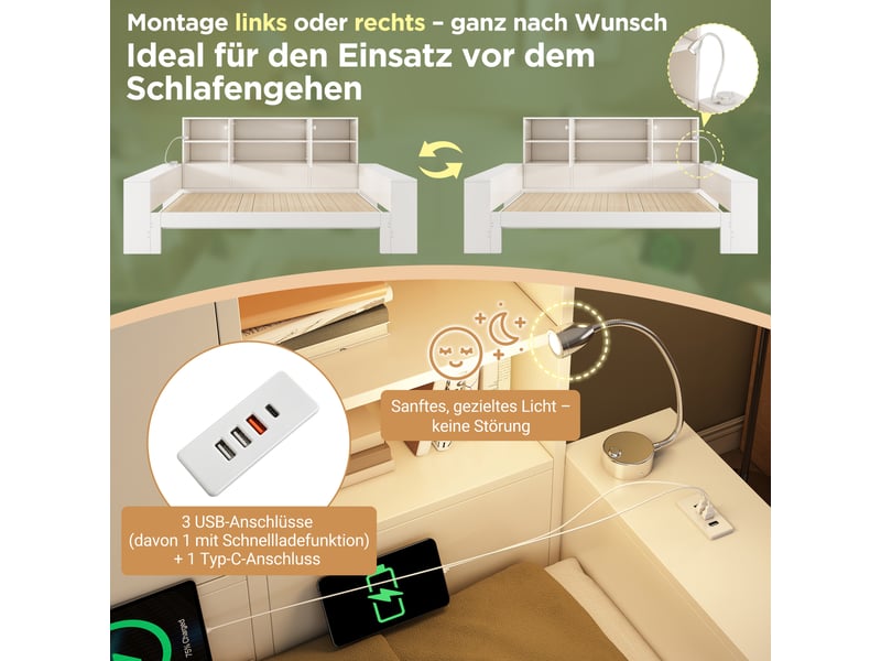 Lit coffre 90x200 cm, lit enfant, couchage d'appoint, coffre de rangement, couchage gigogne extensible, usb et usb-c, bois blanc - Conforama E