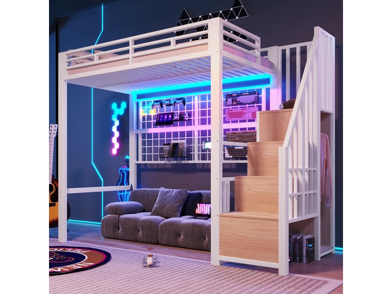  Lit mezzanine en métal 90x200 cm, lit avec penderie, échelle de rangement, barres de suspension, led 7 couleurs, espace sous lit, blanc evarich - Conforama B