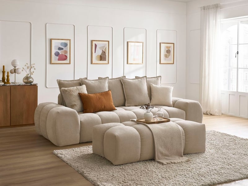Bobochic canapé droit convertible coffre everest tissu texturé avec pouf taupe EVEREST - Conforama B