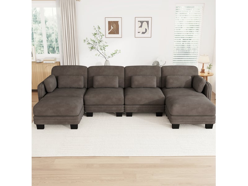Canapé modulable en u modenvie 4 places avec 2 ottomans en chenille marron 330 x 143 x 88 cm - Conforama D