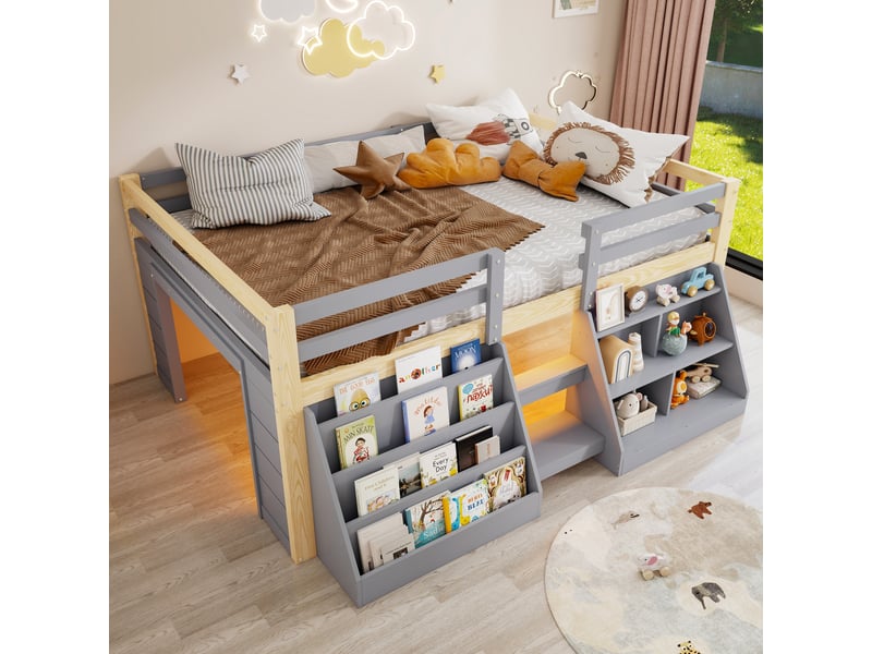 Lit enfant 140 x 200 cm – avec étagères de rangement – avec barrières de sécurité – avec échelle – avec éclairage led – gris (matelas non inclus) - Conforama D