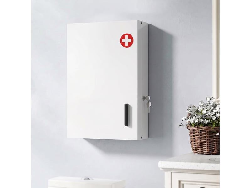  Armoire à pharmacie murale avec 2 clés et 6 compartiments, acier laminé, blanc  - Conforama D