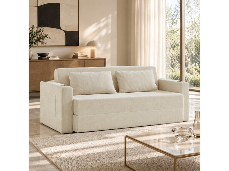  Canapé-lit modenvie 2 places convertible beige en chenille avec ports usb 153 x 77 x 65 cm  - Conforama D