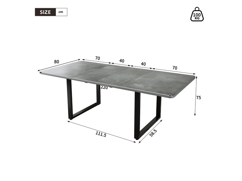  Table à manger extensible, gris, 140180220 × 80 cm, 6-10 personnes, 3 longueurs, pieds métal  - Conforama C