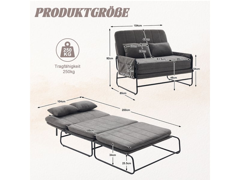 Canapé-lit 2 places 104 cm convertible, cadre en métal, tissu chenille, poches latérales, assise en mousse haute densité, gris - Conforama C