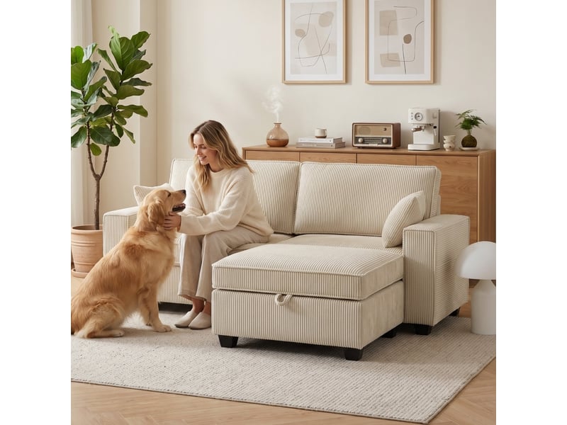 Canapé d'angle 3 places avec pouf de rangement, poches latérales et coussins en velours côtelé beige - Conforama C