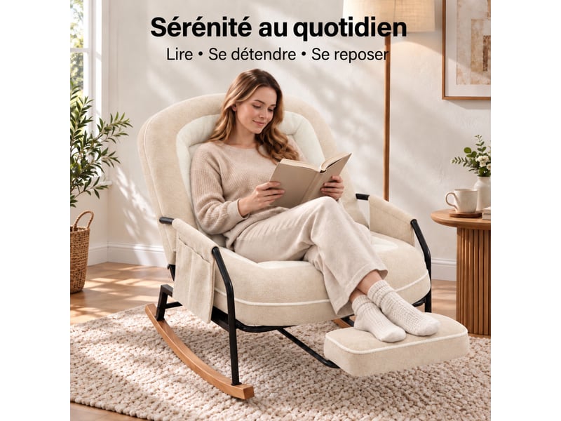  Fauteuil à bascule moderne avec dossier inclinable 100°-160°, repose-pieds escamotable, coussin en fausse fourrure de lapin,beige  - Conforama C