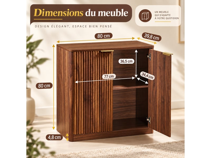  Buffet 80x40x80 cm avec portes rainurées, étagères réglables, plateau résistant et charnières métal, brun  - Conforama C