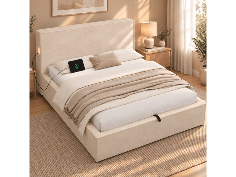 Lit coffre rembourré 120x200 cm en tissu chenille avec rangement hydraulique, sommier inclus, tête de lit capitonnée - beige - Conforama D