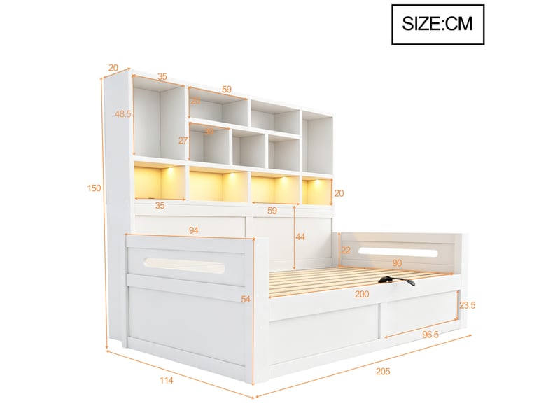  Lit banquette 1 place 90 × 200 cm avec coffre hydraulique, led, étagères et prises, sans matelas, en bois, blanc  - Conforama E