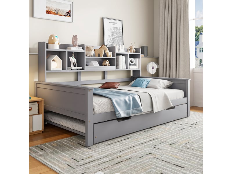  Lit gigogne enfant 90x200 cm+90x190 cm, compartiment de rangement et sommiers, bois gris, sans matelas  - Conforama D