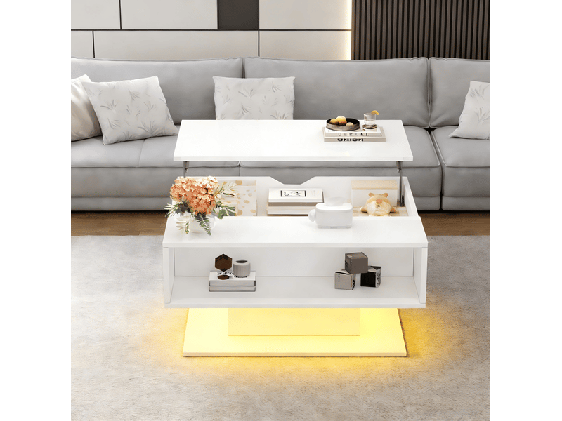  Table basse relevable avec rangement caché et niche semi-ouverte, led, pour salon, blanc, 80 × 75 × 40 cm  - Conforama C