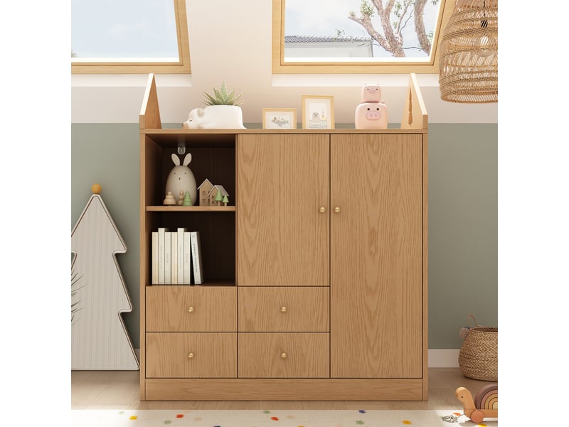  Armoire enfant chêne 100 × 48 × 131 cm, toit maison, 2 portes et 4 tiroirs IKSETERA TRADING LTD - Conforama E