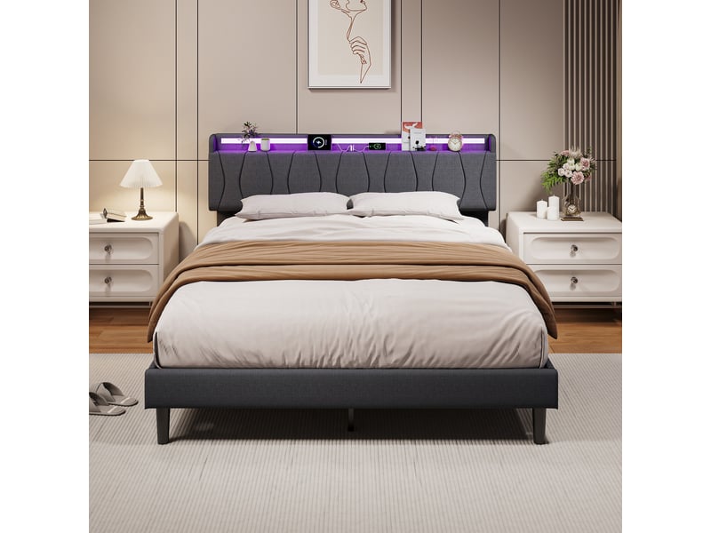  Lit 160x200cm - lit double 160x200cm - lit rembourré en tissu avec tête de lit à étagère, led, usb et prise de charge - gris  - Conforama D