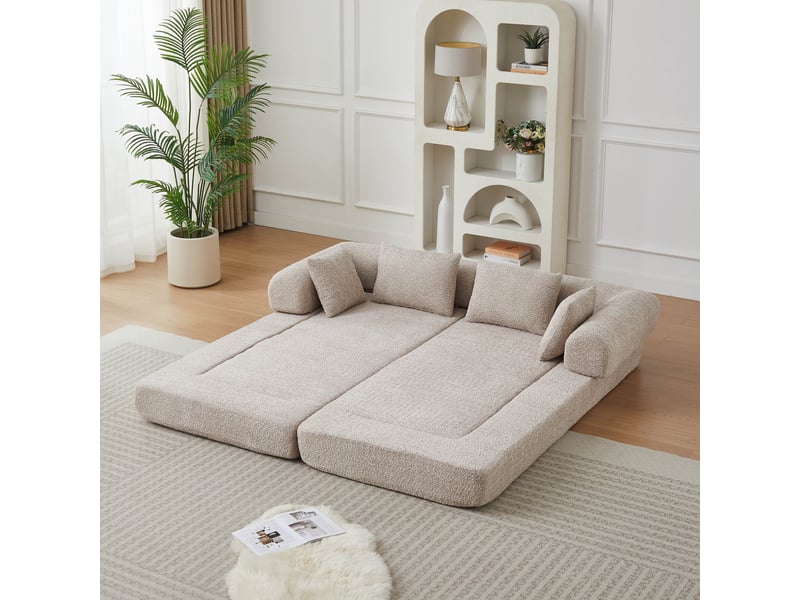 Canapé convertible 2 places 4 en 1 200x95x68 cm modulable, dossier réglable, sans montage, base antidérapante, 4 coussins, chenille gris - Conforama C
