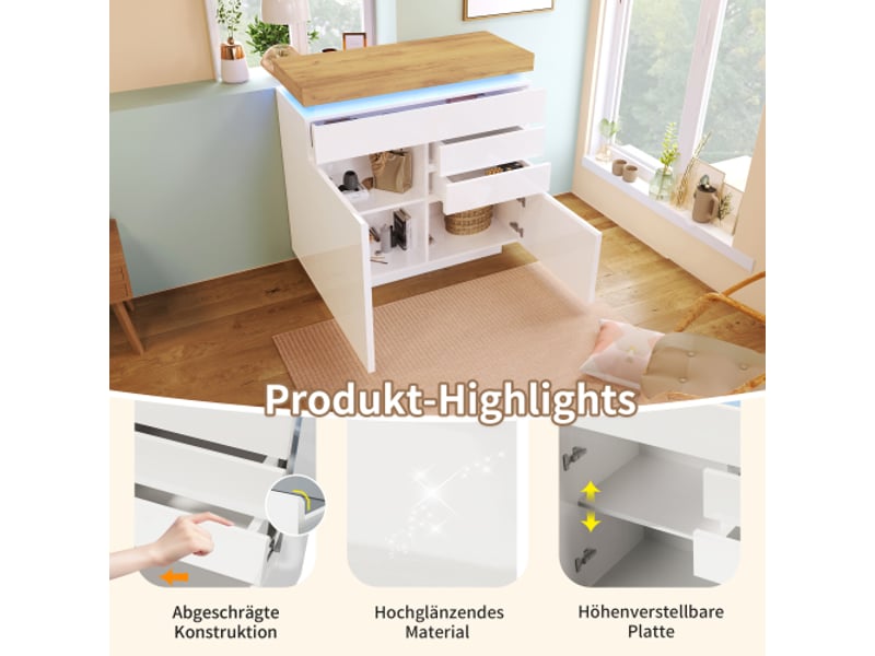 Buffet haut blanc brillant, 2 portes et 3 tiroirs, led et contrôle par app, meuble salonchambre 115×110×39 cm - Conforama E