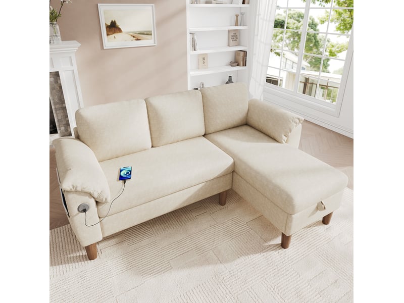  Canapé d'angle réversible 3 places avec rangement, usb et usb-c, poches latérales en chenille beige  - Conforama E