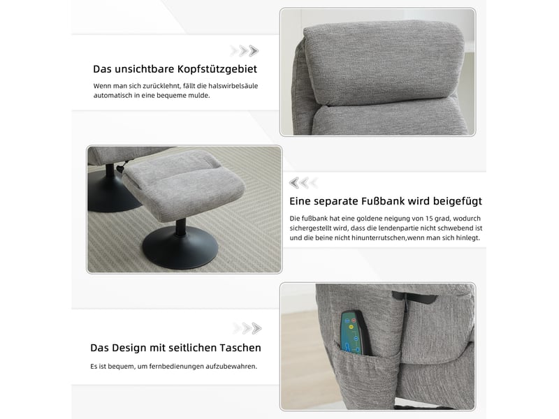 Fauteuil relax 77x75,5x100 cm massage 5 points fonction chauffante pivotant 360° — gris  - Conforama E
