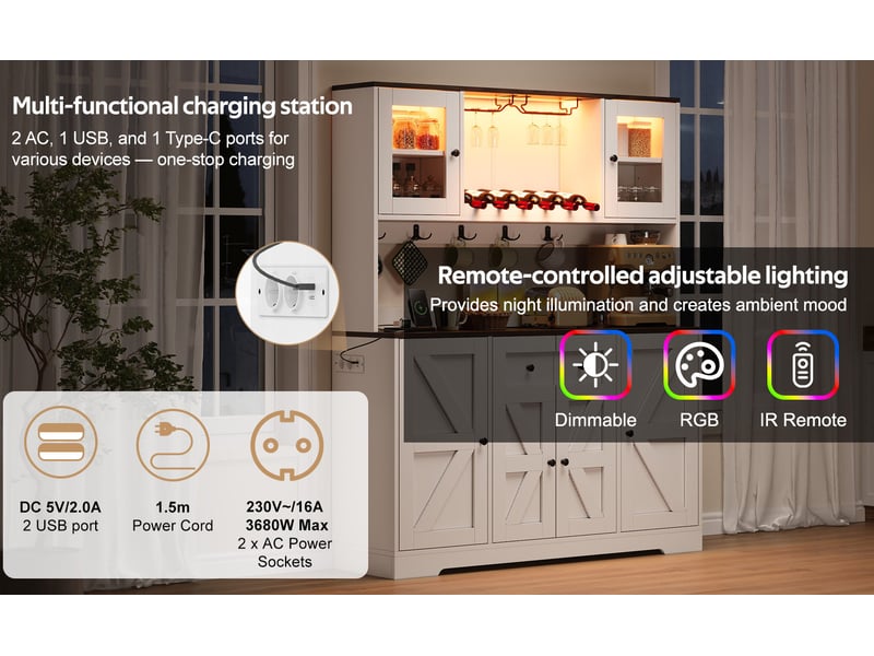  Buffet de cuisine blanc avec led rgb, prises usb, rangements à vin et portes vitrées, style rustique moderne  - Conforama D