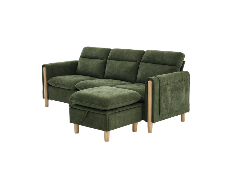  Canapé d'angle fixe 3 places en tissu vert avec méridienne réversible et rangement, idéal pour petits espaces  - Conforama A