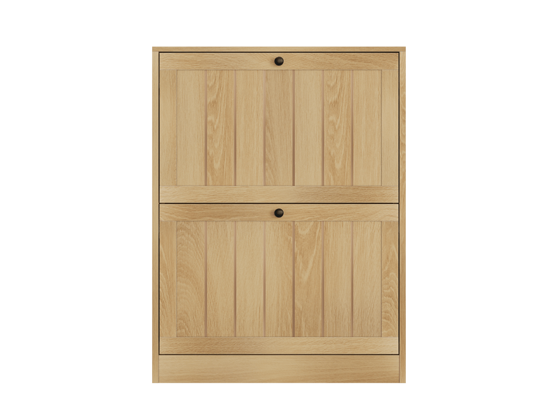  Meuble à chaussures en chêne clair de 60 cm - meuble de rangement pour entrée avec 2 portes abattantes et poignées en métal  - Conforama A